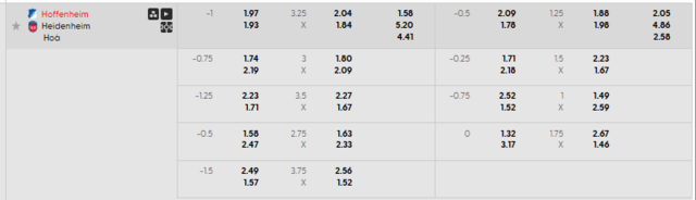 Bảng kèo mới nhất trận Hoffenheim vs Heidenheim Bảng kèo mới nhất trận Hoffenheim vs Heidenheim