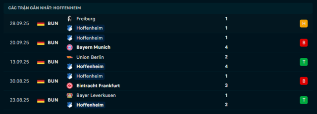 Phong độ Hoffenheim 5 trận đã qua